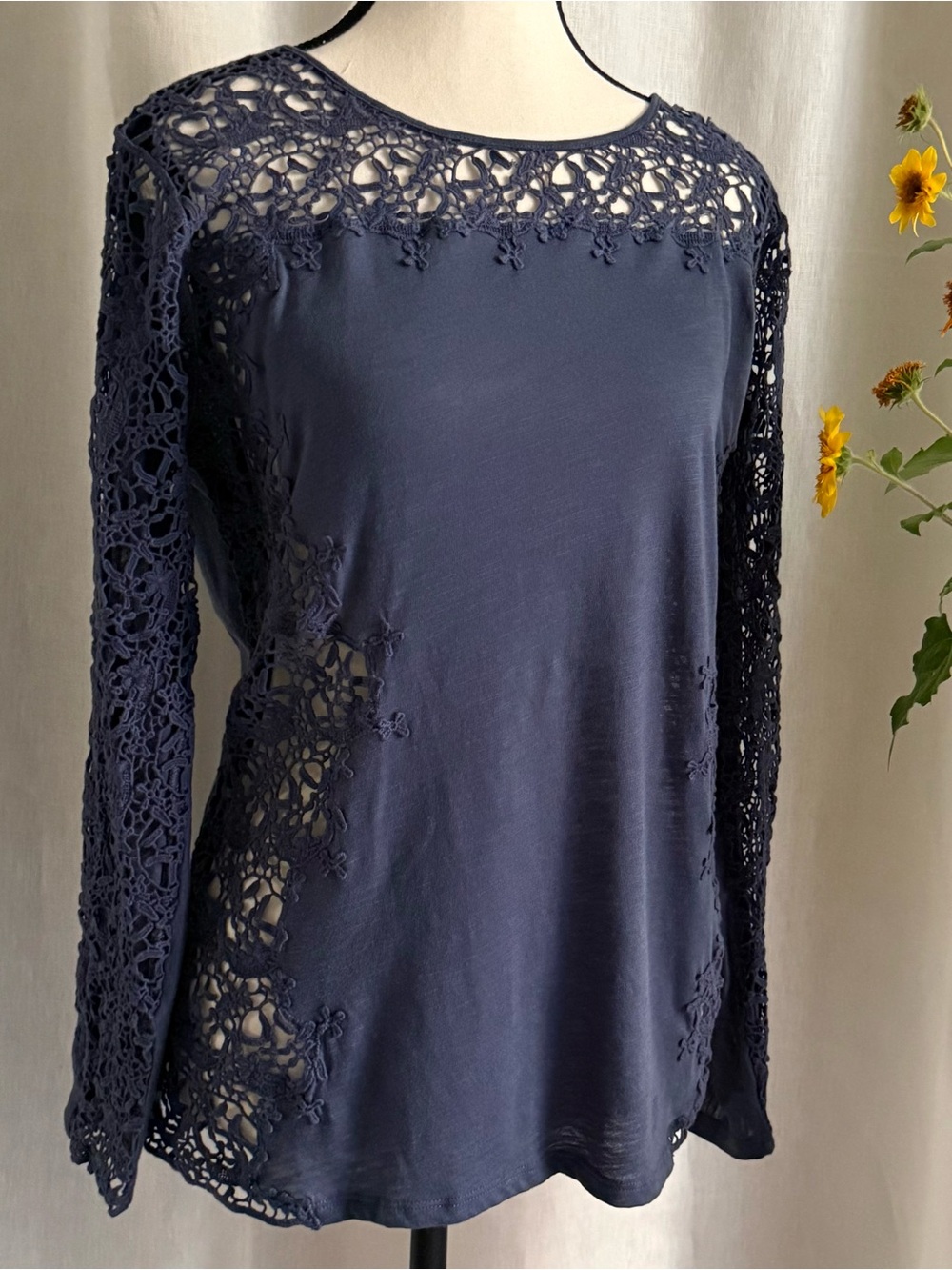 Sundance Dusty Midnight Blue Lace Long Sleeve Boho Romantic Jersey Top Medium